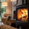 Poêle à bois performant avec flammes vives dans un salon chaleureux