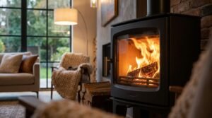 Poêle à bois performant avec flammes vives dans un salon chaleureux