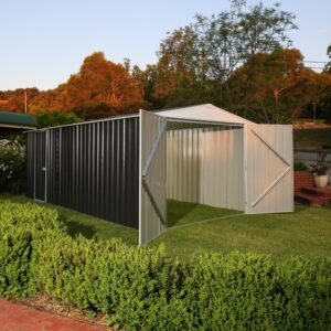 Garage en acier Zincalume Colorbond EASYSHED 19,55 m² — Grande hauteur et largeur (3,75 m × 5,25 m), tôle renforcée 0,35 mm, double porte + porte de service, kit d'ancrage, livraison et montage offerts