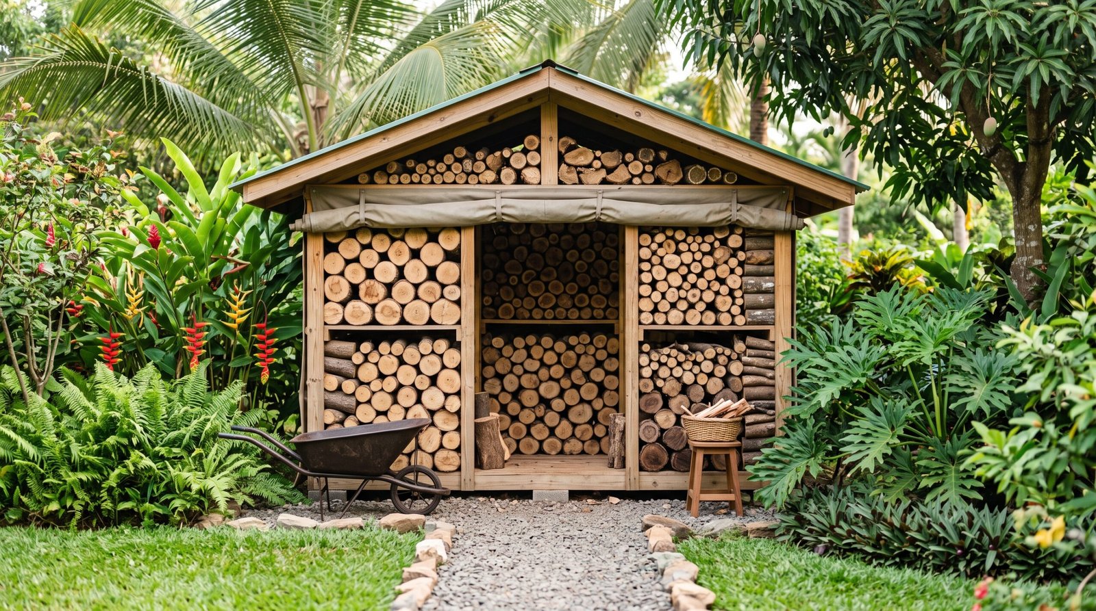 Abri à bois de jardin bien rangé et ventilé