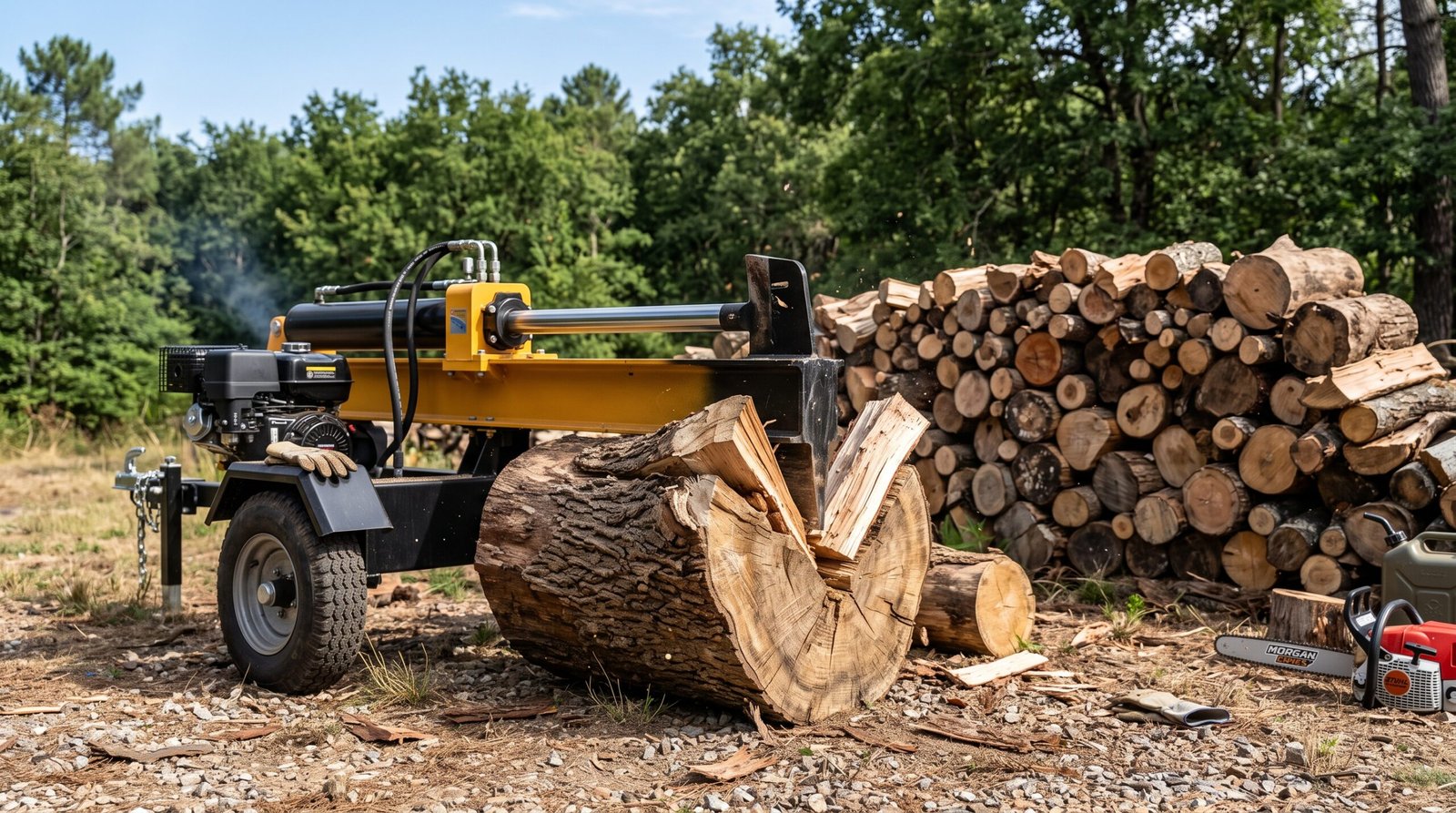 Fendeuse à bois hydraulique en action sur une bûche de bois