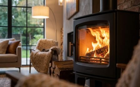 Poêle à bois performant avec flammes vives dans un salon chaleureux